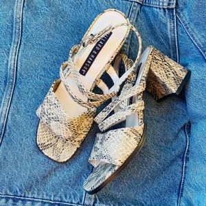 Vintage y2k faux snakeskin strappy open toe short chunky block heel sandals